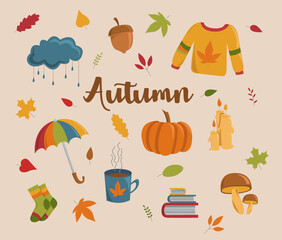 Vector set of autumn icons: sweater, falling leaves, book. Scrapbook collection of fall season elements. Bright background for harvest time. Autumn greeting card