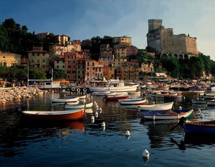 Fototapeta na wymiar italy, liguria, lerici, town view, harbour, fishing boats, author's note obligatory, town, view, castle, fortress, 13th century, boats, mooring, houses, 