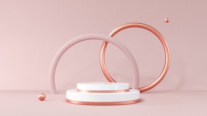 3D rendering gold podium geometry with crystals. Abstract Pastel pink geometric shape blank platform. Empty showcase pedestal product display for cosmetic presentation. Composition with round scene.