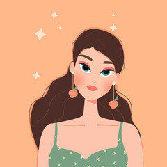 Portrait of a brunette girl with peach earrings. Cartoon portrait of a girl. Summer avatar. White hair. Vector illustration.