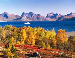 norway, lofoten, nordland, vestfjord, autumn, lofoten island, mountain landscape, mountains, fjord,...