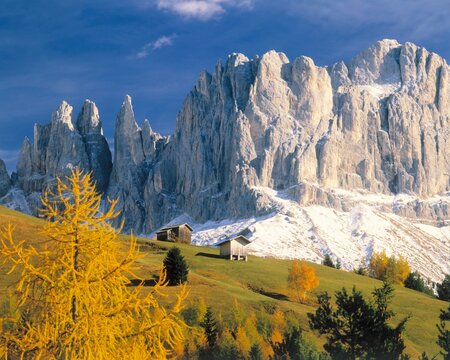 italy, south tyrol, dolomites, catinaccio, vajolet towers, autumn, season, nature, mountains, snow, landscape, mountain landscape, mountain meadows, trees, larches, stadel, vajolet, catinaccio group, 