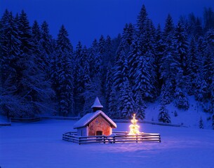 germany, upper bavaria, elmau, chapel, christmas tree, evening, winter, bavaria, christmas, lights,...