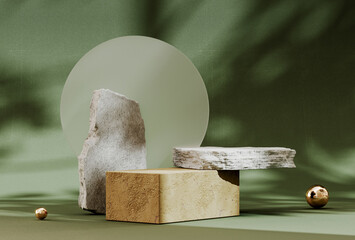 3D rendering gold stone podium geometry. Abstract pastel geometric shape blank platform. Empty showcase pedestal product display for cosmetic presentation. Minimal composition with round scene.