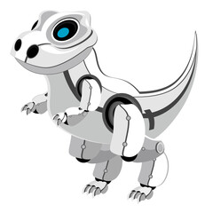 Cute and funny robot dinosaur. Vector illustration on the topic of robotics on a white isolated background.