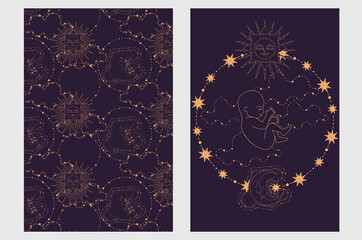 Magic banner, boho design. the birth of life with the sun surrounded by stars on a dark blue background. Baby birth concept. Esoteric vector illustration, pattern. EPS10