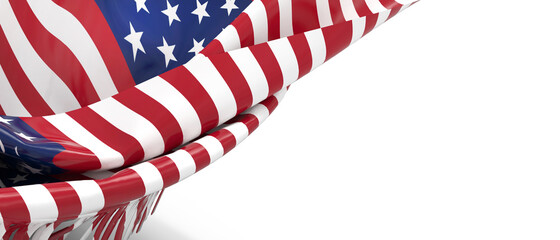 American USA flags Flowing isolate, 4th of July Independence Day, United States flags. Right Side Copy Space on white Background.- 3d Render