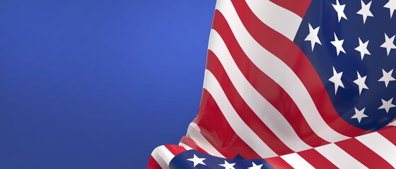 American flag for Memorial Day, 4th of July Independence Day. Left Side Copy Space on blue Background. - 3d Rendering