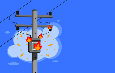 Cement high voltage electric pole and transformer damaged and short circuit with fire spark on blue background copy space flat vector.