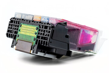 A close-up shot of a printer head and ink cartridges inserted into it, isolated on a white...
