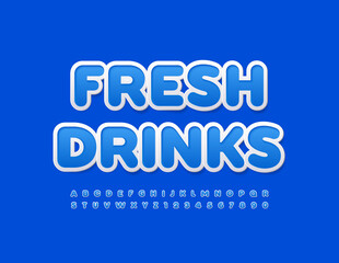Vector template sign Fresh Drinks. Bright Blue Font. Set of Modern Alphabet Letters and Numbers