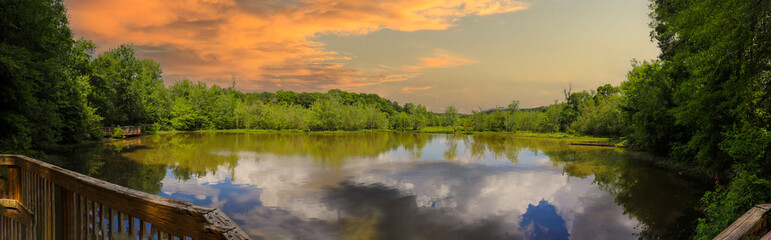 Fototapeta na wymiar a stunning panoramic shot of the vast lake water with lush green trees and plants reflecting off the lake with powerful clouds on the Doll's Head Trail at Constitution Lakes in Atlanta Georgia