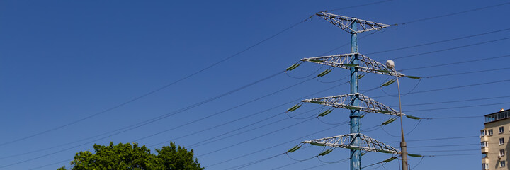 Electricity concept, Close up high voltage power lines station.