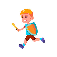 little boy playing knight with sword and shield cartoon vector. little boy playing knight with sword and shield character. isolated flat cartoon illustration