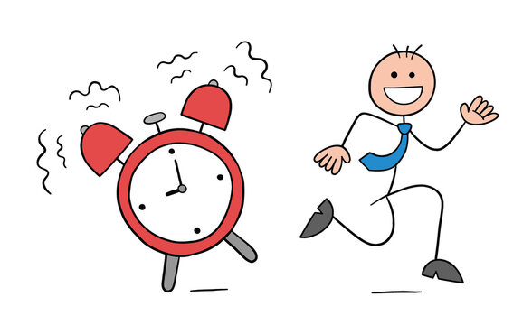 Alarm goes off and stickman businessman character running, vector cartoon illustration