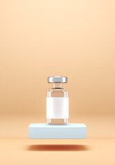 The vaccine bottle on floating blue platform on beige backdrop, Minimalist background for medical. 3d rendering