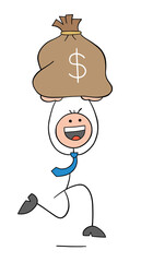Stickman businessman character carrying a sack of dollars and running, vector cartoon illustration