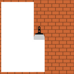 Brown brick wall with white plaster and trowel. White background. Space for text, slogan, quote and advertisement. Vector illustration.