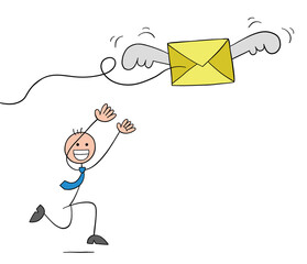Stickman businessman character trying to catch the flying envelope, vector cartoon illustration