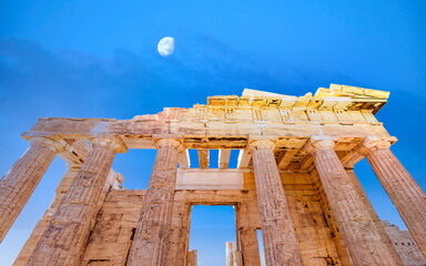 Athens Greece, moon is still on the morning sky over 