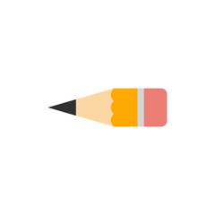 Short yellow wooden pencil icon with rubber eraser. Theme for stationery and office supplies. Vector clipart. Illustration оn blank white background.  