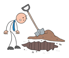 The soil is dug and stickman businessman character looking, vector cartoon illustration