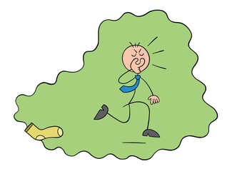 Stickman businessman character covers his nose from the nasty smell of socks and runs away, vector cartoon illustration