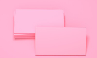 Business card mockup on a pink background. Top view. 3d rendering