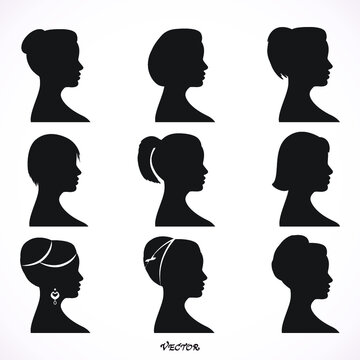 Women Profile Silhouettes - Vector Illustration, girls silhouettes with 9 different hairstyle for your design.