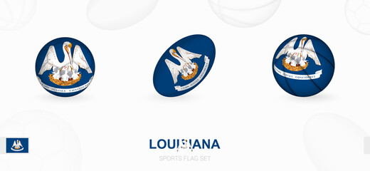 Sports icons for football, rugby and basketball with the flag of Louisiana.