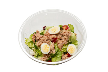 Fresh tuna salad with lettuce, cucombers, cherries and eggs in plastic container.