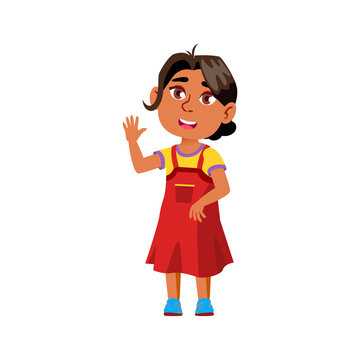 cute indian girl greeting parents in elementary school cartoon vector. cute indian girl greeting parents in elementary school character. isolated flat cartoon illustration