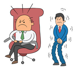 Cartoon angry boss man sitting in his chair and scared worker waiting behind him, vector illustration
