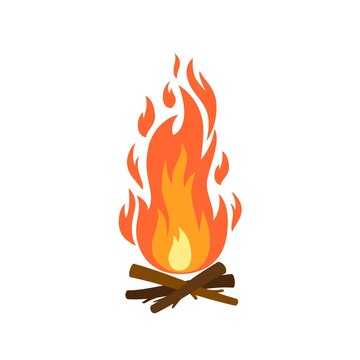 Vector cartoon flat illustration of campfire with burning wood isolated on white background. Fire wood and bonfire icon for web, print, decoration, bonfire night. Fire pit in camping illustration. 