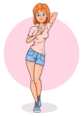 Beautiful young woman takes a selfie. Vector illustration of a girl with a smartphone.