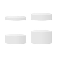 Round podium white icon set. Empty 3d stage place collection. Pedestal circular symbol. Vector isolated on white	