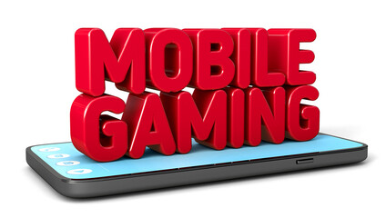 Smartphone with the letter mobile gaming in red isolated on a white background. 3d illustration.