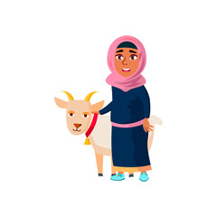 muslim girl teen with goat on pasture cartoon vector. muslim girl teen with goat on pasture character. isolated flat cartoon illustration