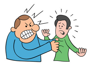 Cartoon angry man grabs man's collar, vector illustration