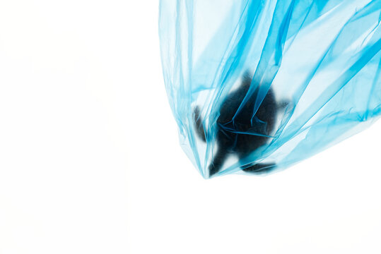 Creative concept advertising for campaign save oceans from plastic pollution by photo of sea turtle model caught struck in blue plastic bag with copy space. Plastic looks clear from studio lighting.