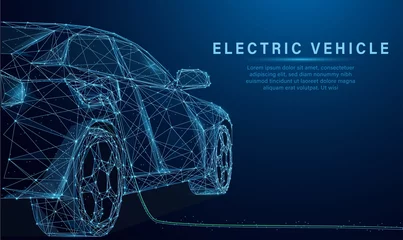 Foto op Aluminium Low poly style design vector of EV Car or Electric vehicle at charging station with the power cable supply plugged Eco-friendly sustainable energy concept. Wireframe light connection structure. © Deemerwha studio