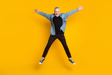 Full length photo of cool granddad jump wear jacket pants isolated on yellow color background