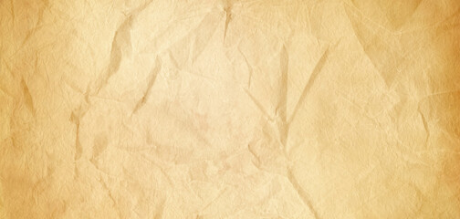 Old brown crumpled paper texture background. Horizontal banner