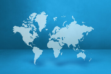World map on blue wall background. 3D illustration