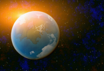 earth planet on sun and stars background with flare