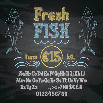 Retro style alphabet font set on chalk board handwritten.