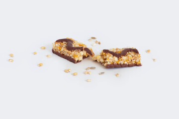Cereal and chocolate bar cut out on white background