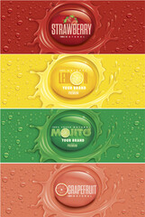 many fresh drops on different colour backgrounds with splash and lemon, strawberry, mojito, grapefruit
- 438653769