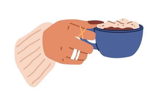 Elegant woman hands with frothy coffee cup, tea, hot drinks and beverage. Female hand with long nails and manicure holding blue cup. Flat vector cartoon illustration in doodle style.