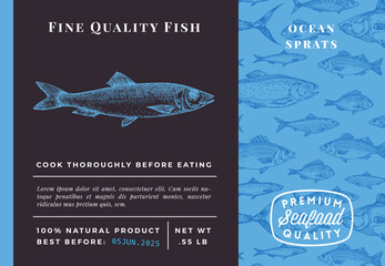 Premium Quality Ocean Sprats Abstract Vector Packaging Design or Label. Modern Typography and Hand Drawn Sketch Fish Pattern Background Seafood Layout